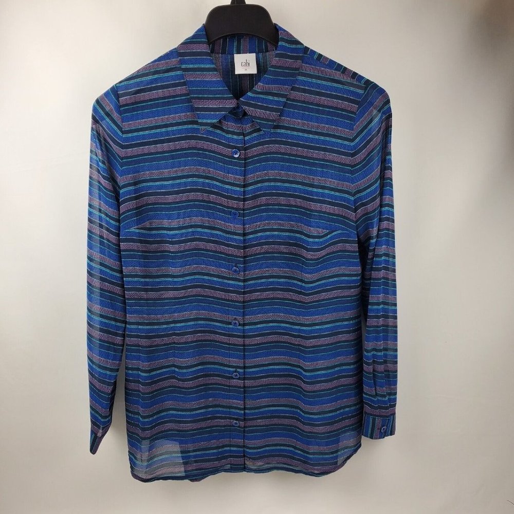 CAbi Womens Sheer Blouse Long Sleeve Button Up Purple Green Blue Stripe Medium